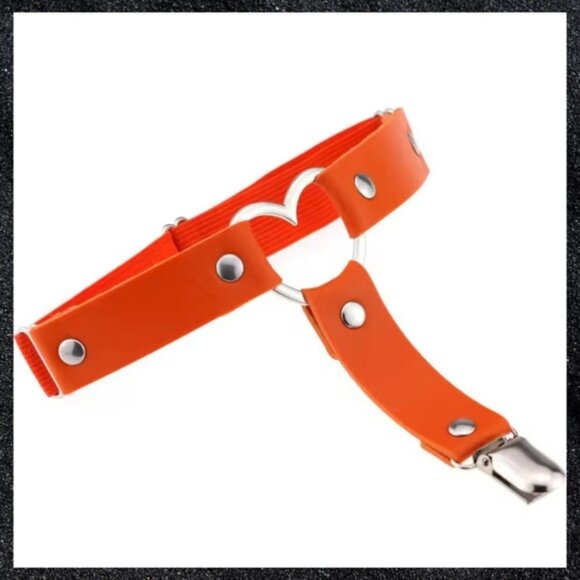 Orange Studded Open Heart Leather Thigh Garter Harness Pair Set - Picture 2 of 14